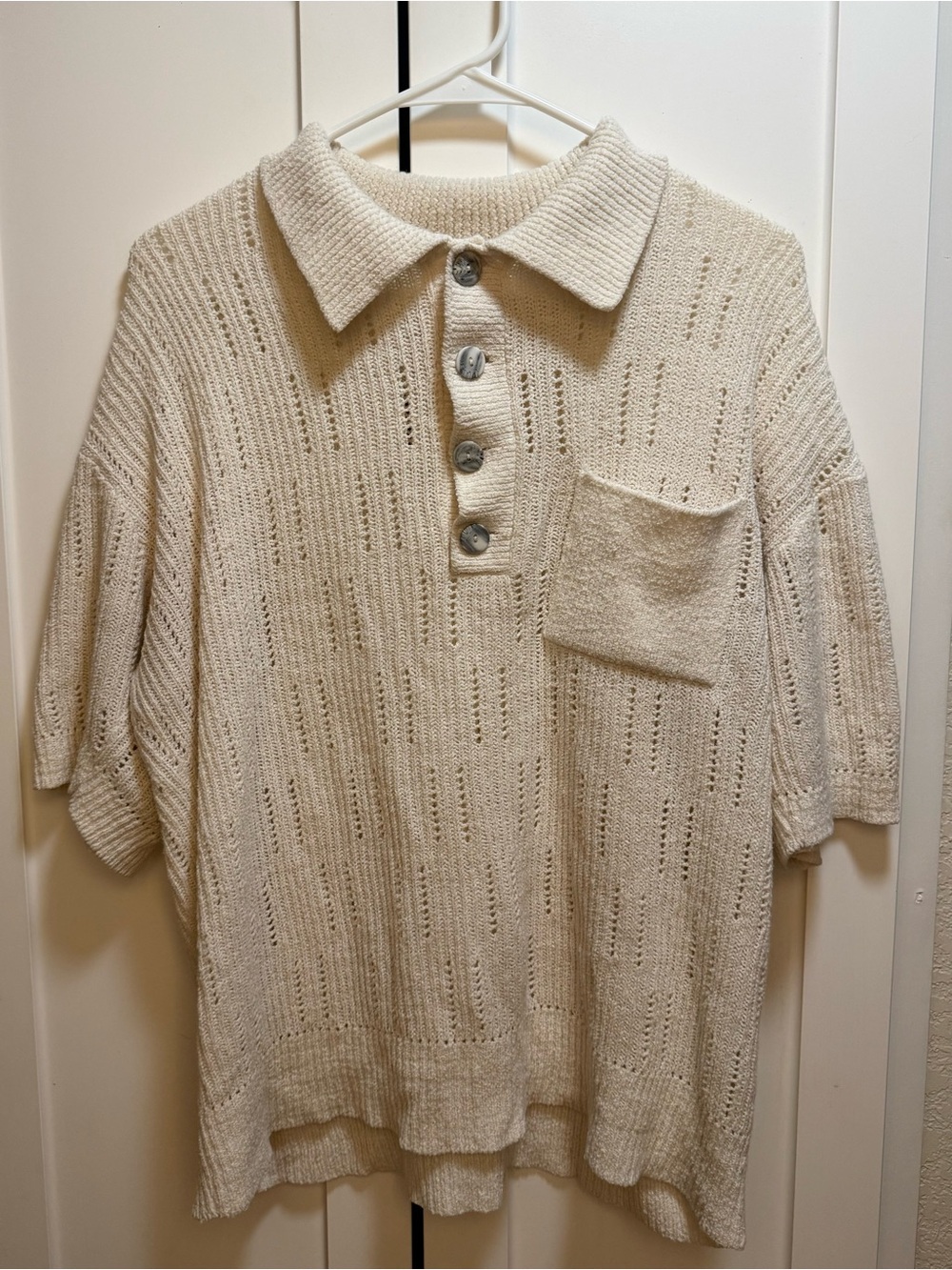 Men's Cream Knit Polo Sweater with Pocket